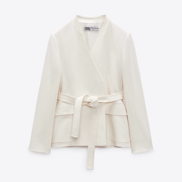 Zara Women Bloggers Fav Oyster White Linen Blend Belted Business Blazer Size M - Picture 7 of 17